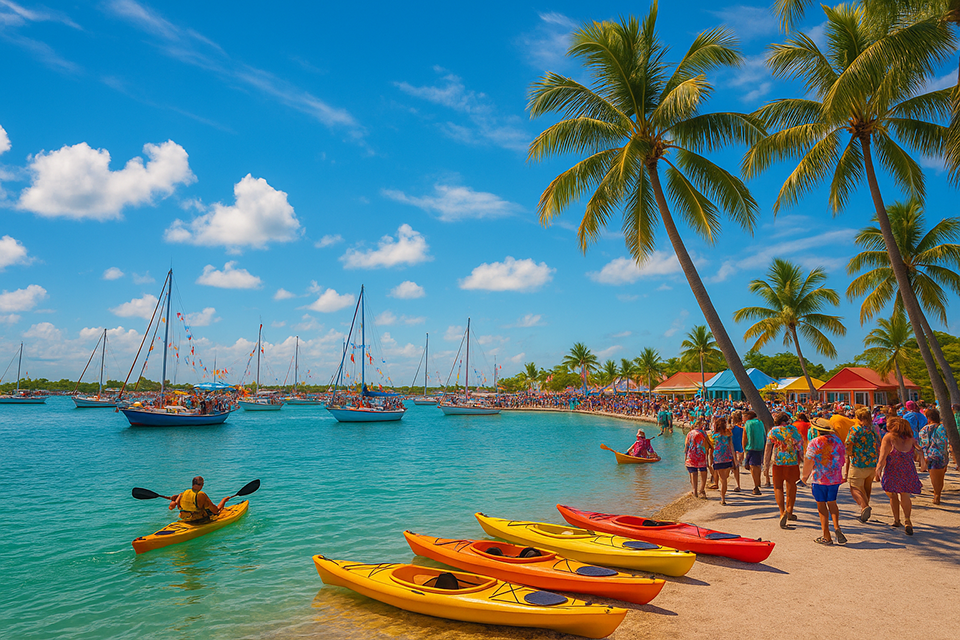 Colorful tropical waterfront scene in the Florida Keys featuring kayaks, sailboats, palm trees, and people celebrating local festivals near Sugarloaf Key RV Resort & Cottages, capturing the lively island vibe described in the blog about upcoming Key West events and festivals.
